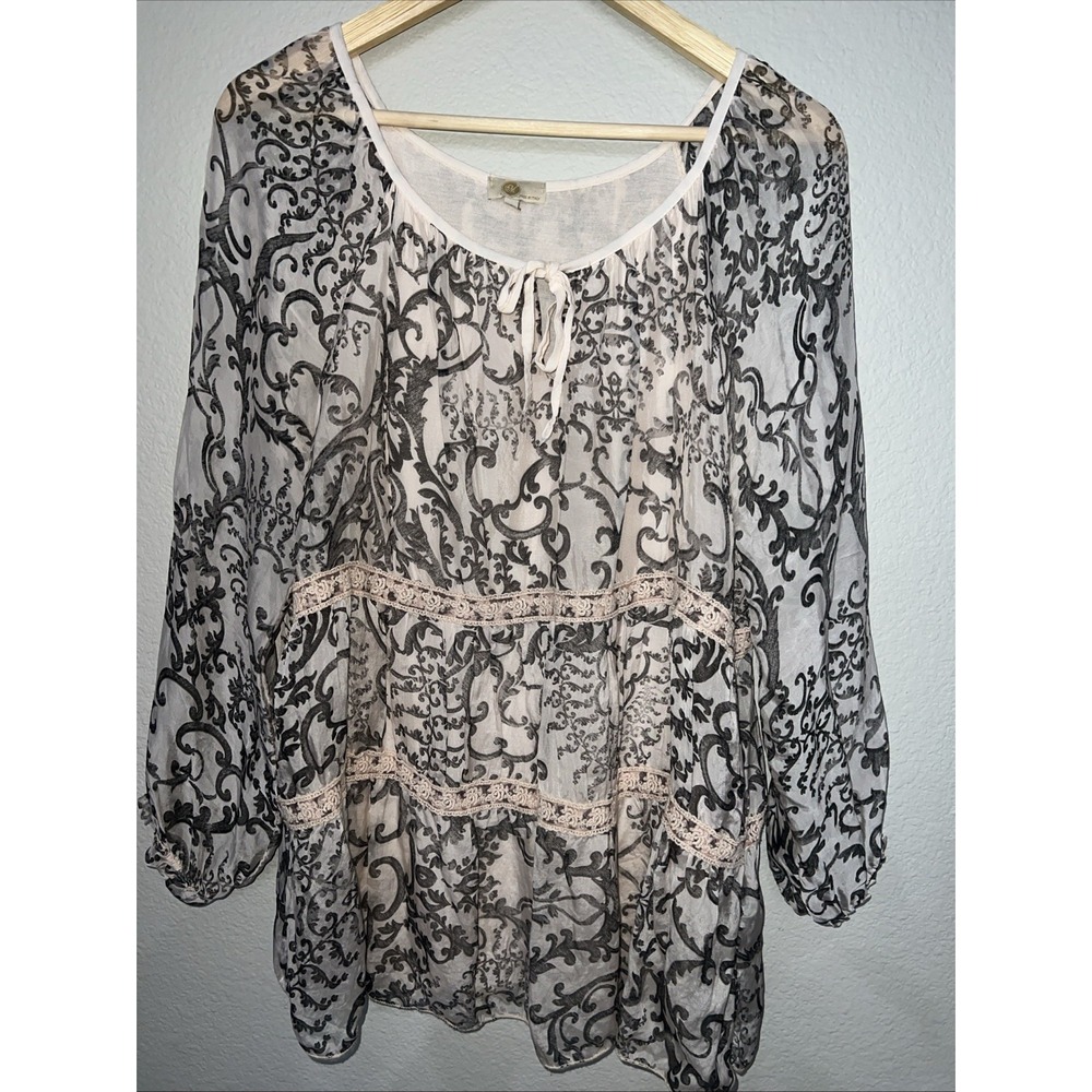 Made In Italy BLUSH PK/GRAY Long Sleeve Blouse Tunic Embroidery Boho SMALL